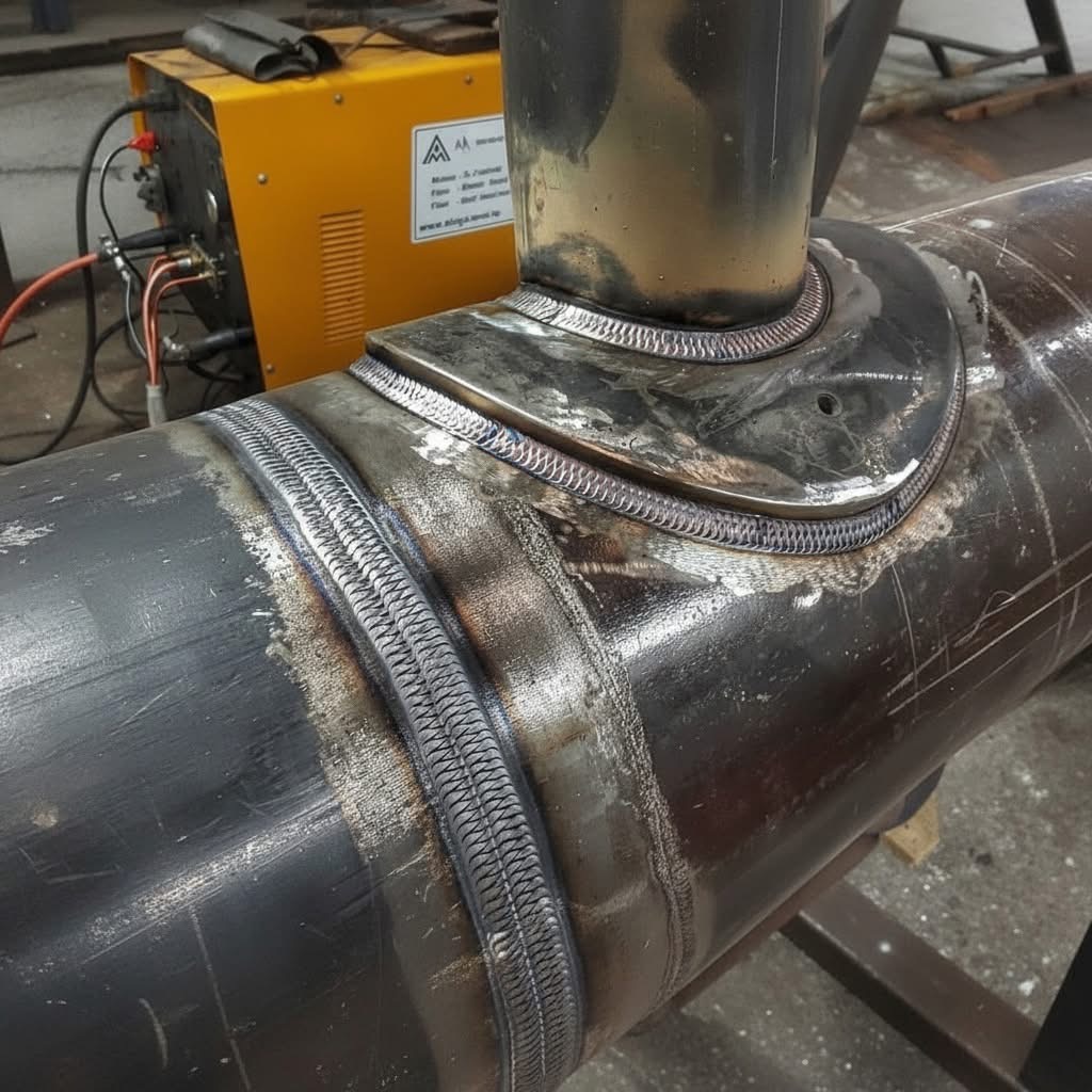 High-quality TIG saddle weld on a steel pipe assembly