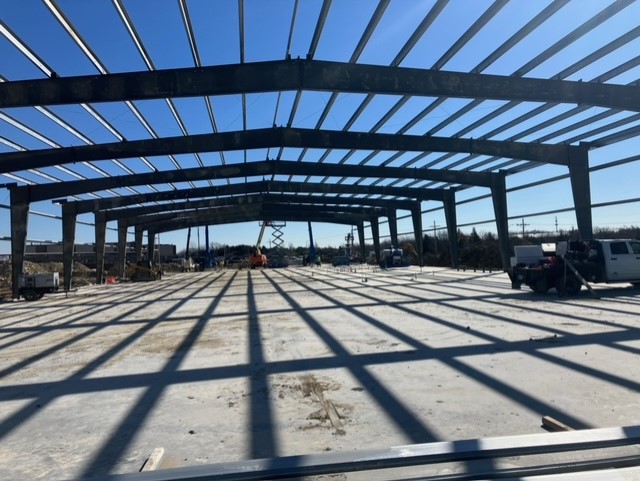 Interior roof framing of a large commercial steel building